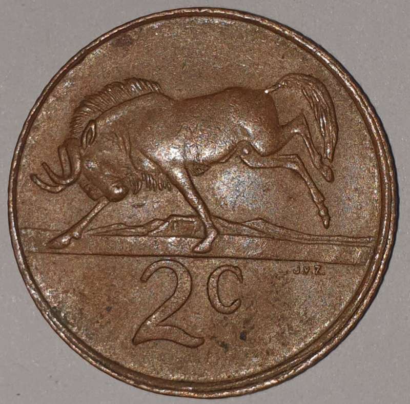 1982 - 2 CENT COIN (TWO CENT COIN) - RSA - BRONZE - KM#83 - BILINGUAL LEGEND - WILDEBEEST